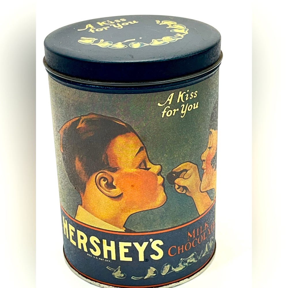 VTG HERSHEY’S A KISS FOR‎ YOU 1980’s MILK CHOCOLATE 6” TIN PREOWNED BLUE